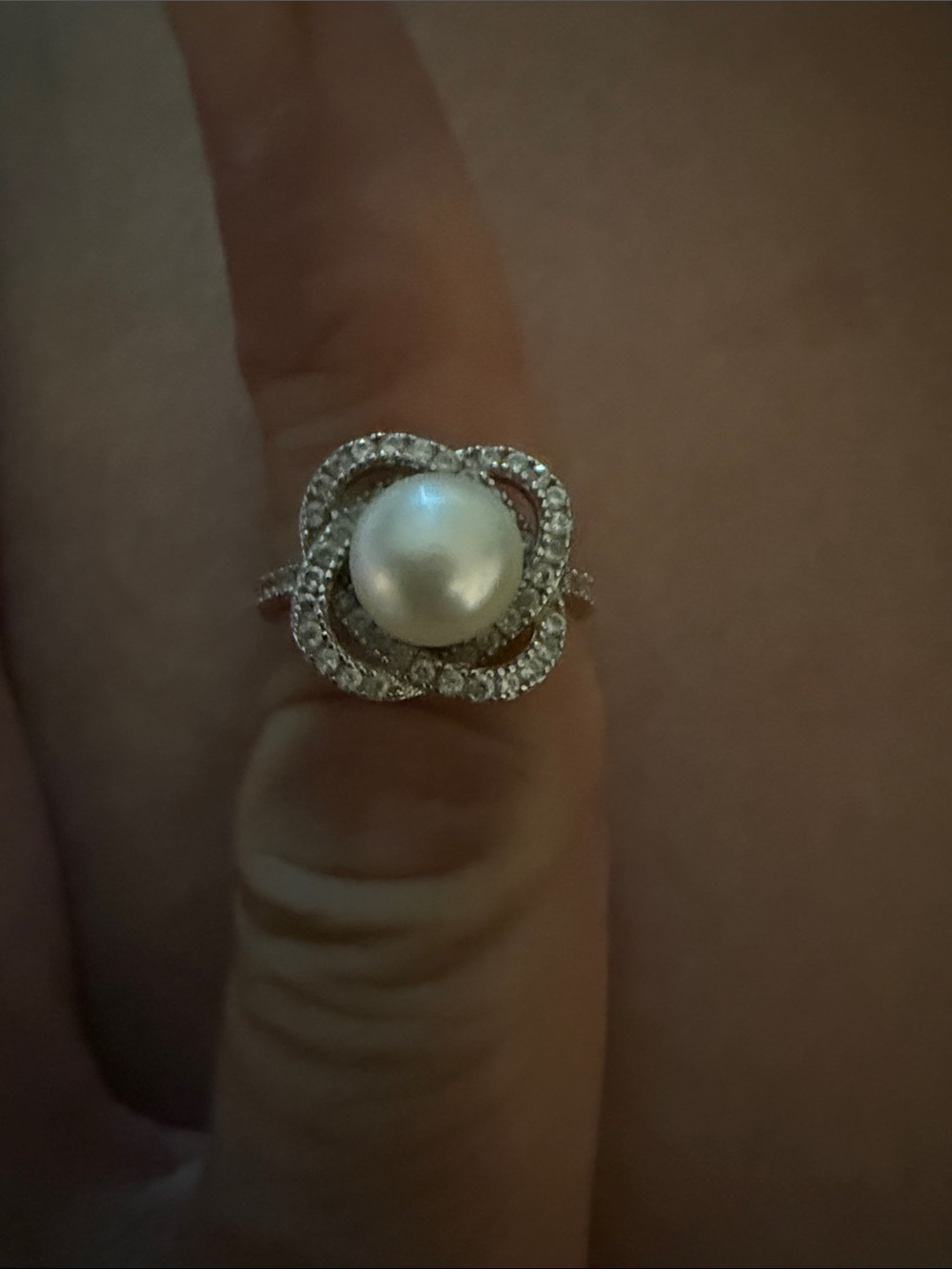 Elegant Pearl Halo Ring in White Gold Tone
